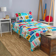 Colorful quilt cover with Australian flags on a bed in a room with cricket equipment.