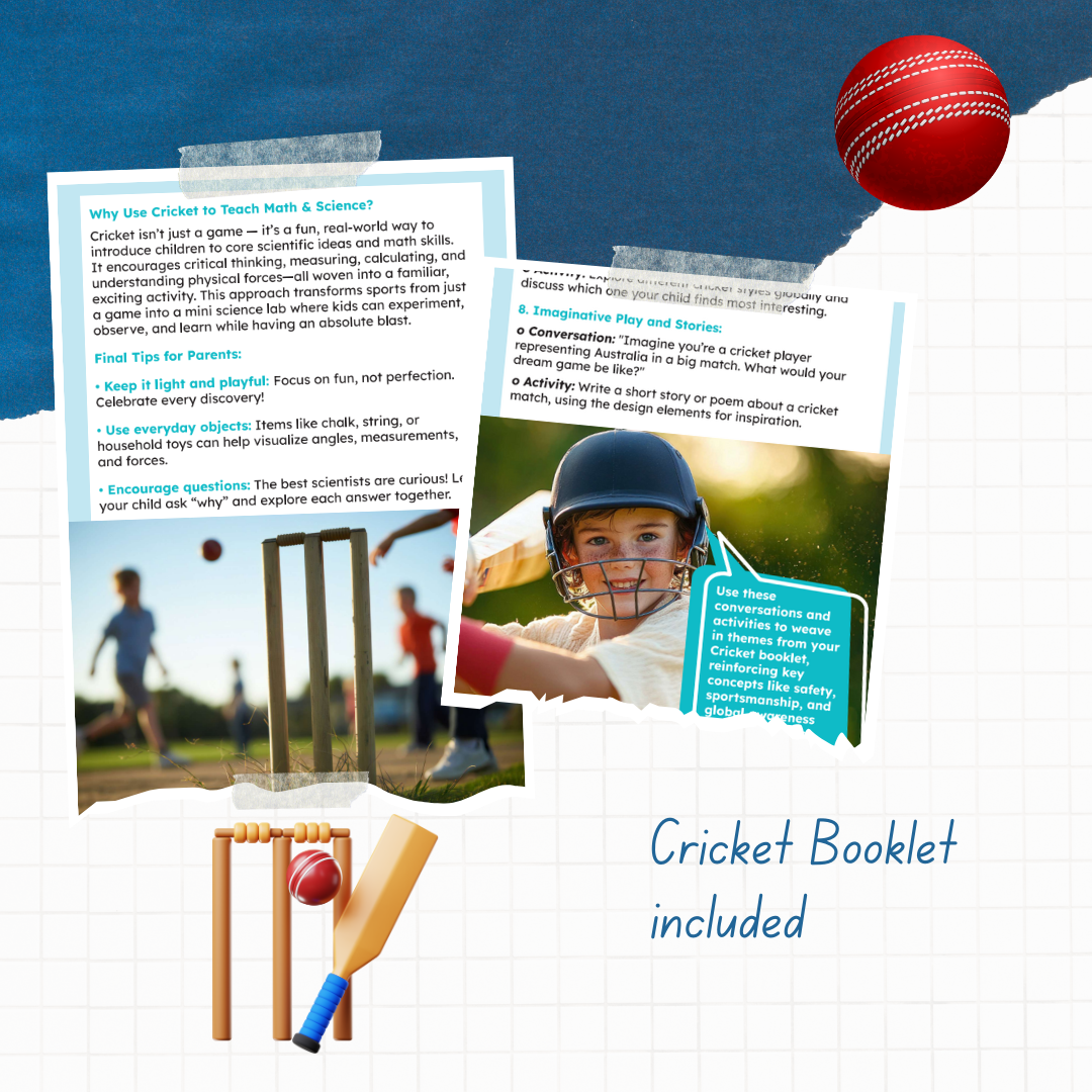 Open book with cricket-themed content, including a red cricket ball, bat, and helmet on a blue background.