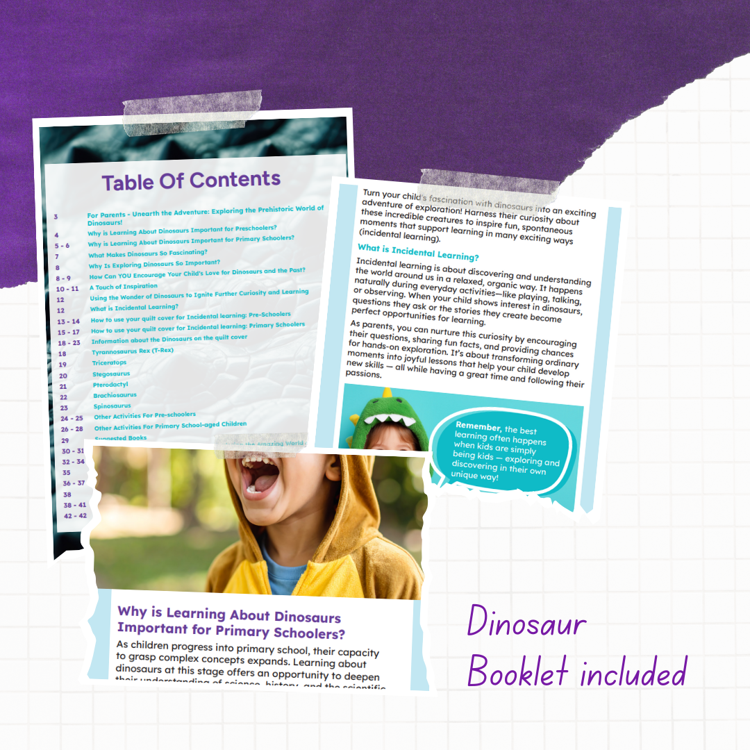 Table of contents and sample pages from a dinosaur-themed educational booklet on a purple background.