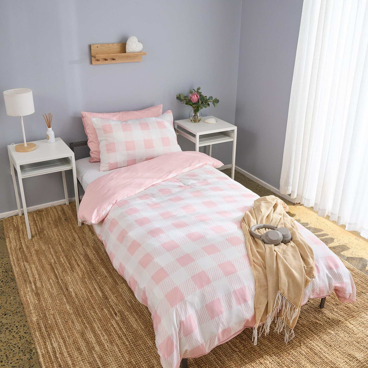 Rose Quartz Gingham Pink and White Bamboo Quilt Cover