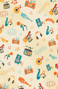 Retro Style, colorful pattern of musical instruments and related icons on a golden background
