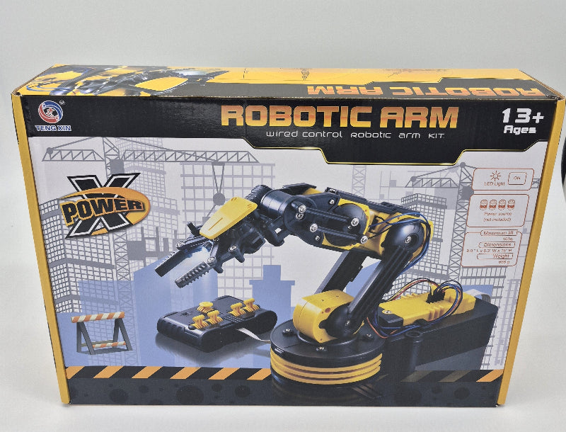 Boxed robotic arm kit with Power X branding on a gray background