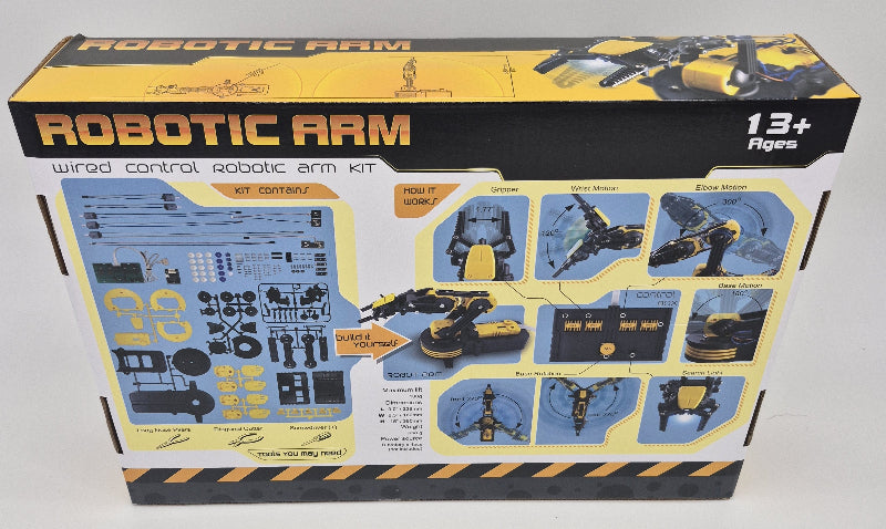 Box of a robotic arm kit with various images and text on a white background