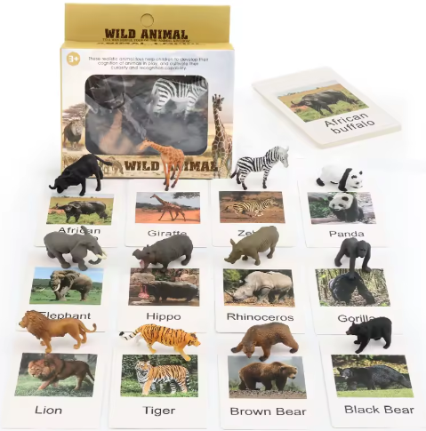 Set of wild animal figurines with packaging and labels on a white background