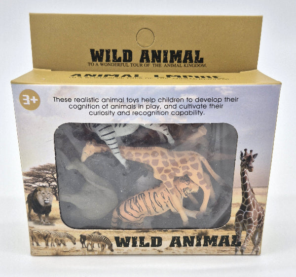 Box of wild animal toys with toy animals inside, on a white background