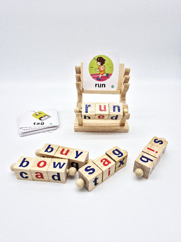 Wooden blocks with letters and flashcards on a white background