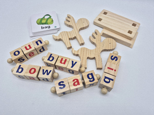 Wooden blocks with letters forming words and animal shapes on a light background