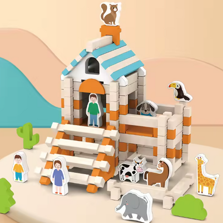 Toy set with a small house, animals, and people figures on a colorful background