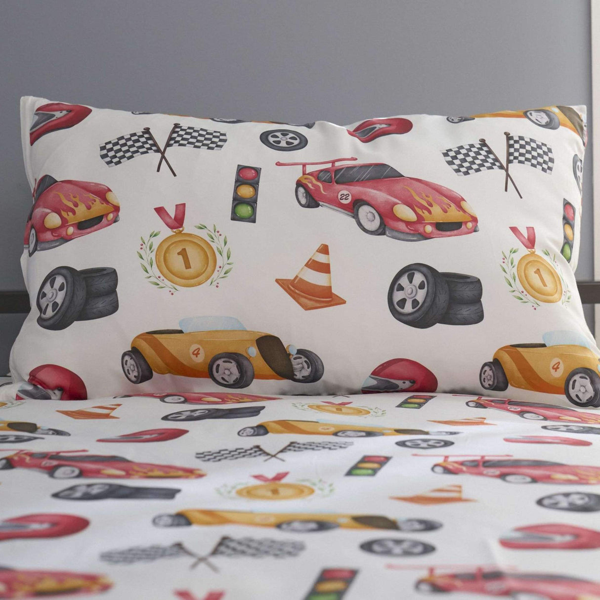 Race Car Dreams Kids Reversible Quilt Cover Set with learning booklet