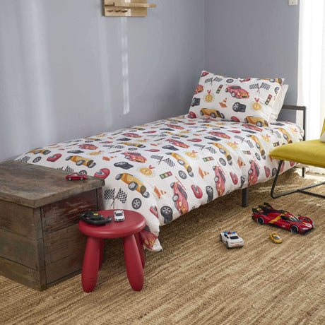 Race Car Dreams Kids Reversible Quilt Cover Set with learning booklet