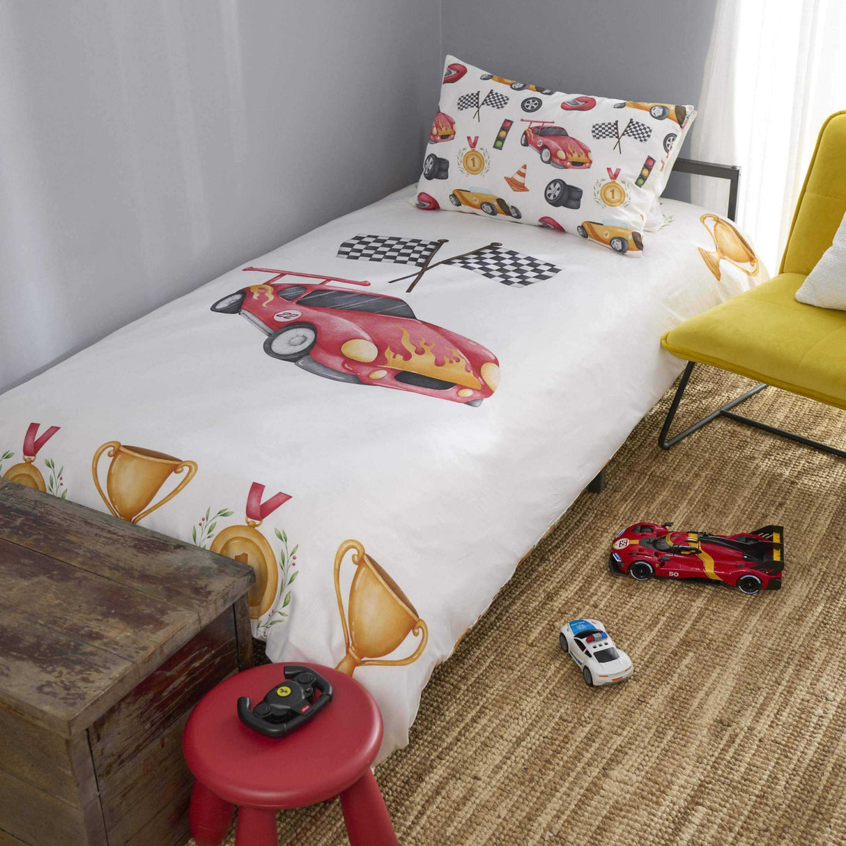 Race Car Dreams Kids Reversible Quilt Cover Set with learning booklet
