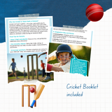 Open book with cricket-themed content, including a red cricket ball, bat, and helmet on a blue background.