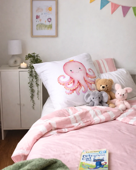 Children's bedroom with pink bedding, stuffed animals, and a pillow with an octopus design.