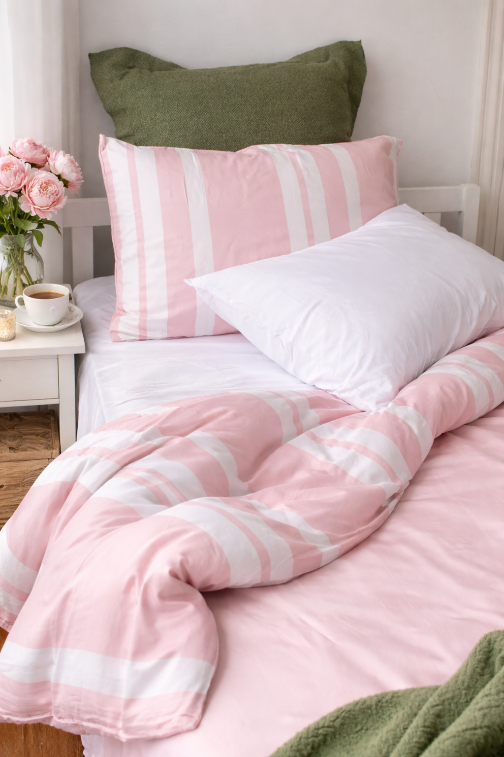 Rose Quartz Pink & White Striped Bamboo Quilt Set