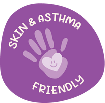 Purple circle with a handprint and heart, labeled 'Skin & Asthma Friendly'.