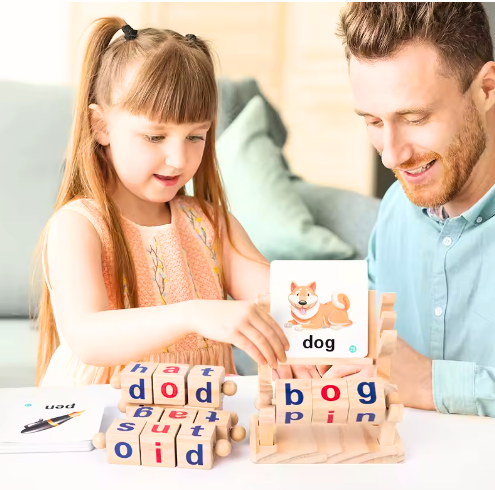 Kids Spelling Blocks - Montessori Wooden Alphabet Game for Preschool Learning